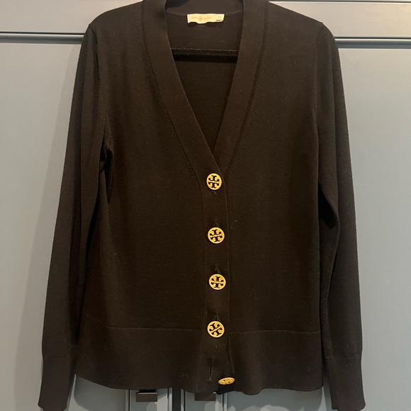 Tory Burch Black Merino Wool Cardigan with Gold Logo Buttons - L - Picture 1 of 3